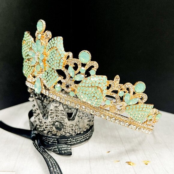 Lime Green Crown, Royal Princess Tiara, Gold Gemstone Crown, Quinceanera Tiara - Picture 2 of 10
